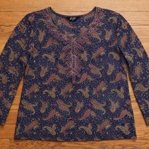 Elle Beaded Paisley V-Neck Top Size M